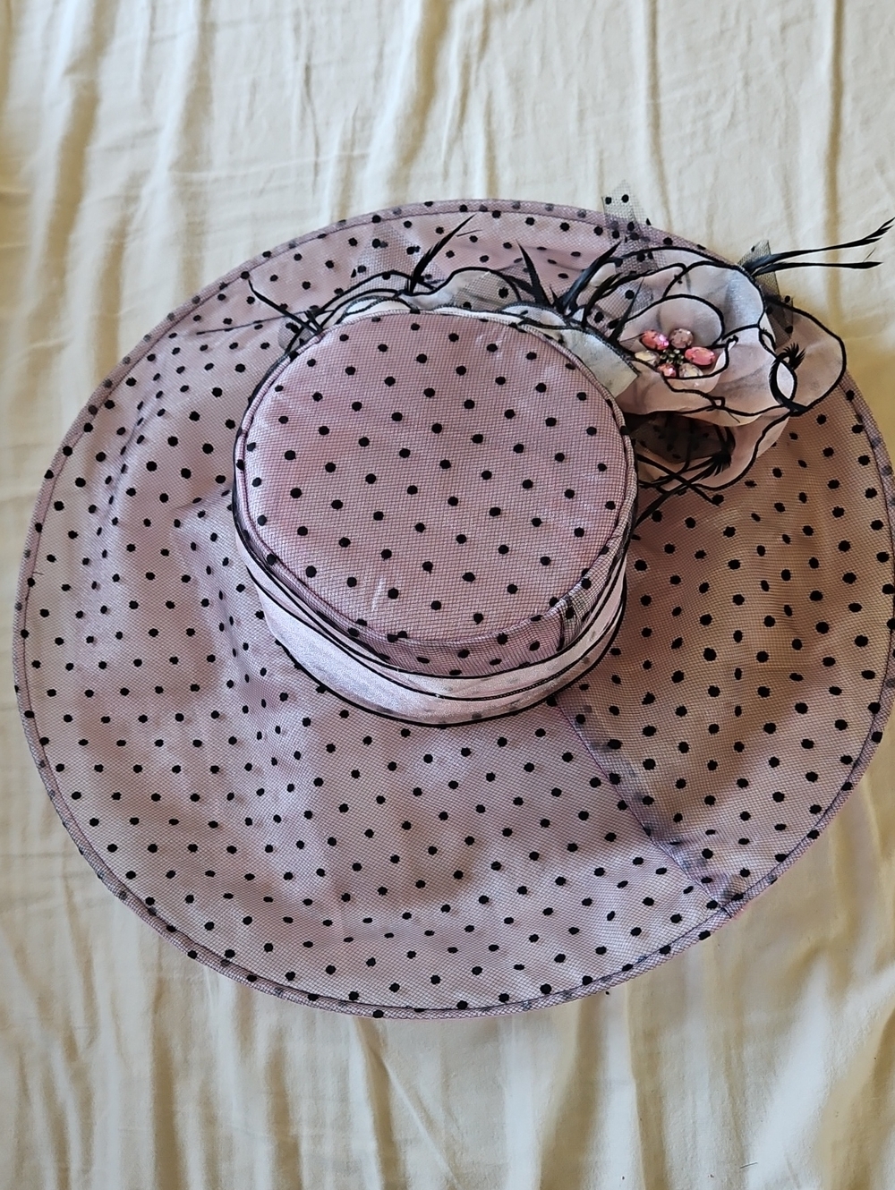Light Pink Polka Dot Wide Brim Dress Hat with Floral Accent